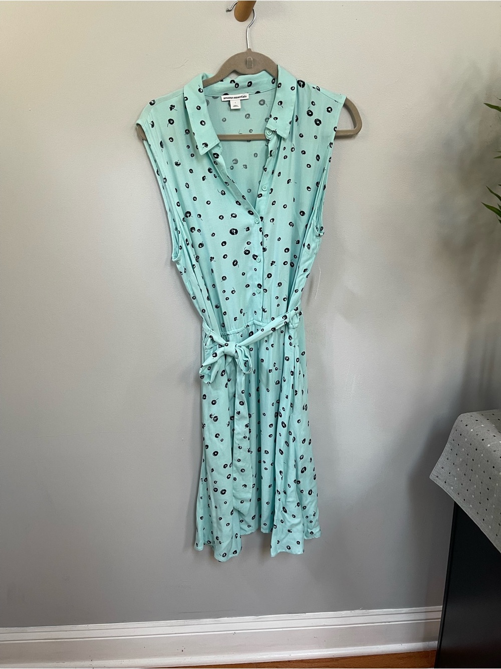 Amazon Essentials Mint Green Polka Dot Sleeveless Midi Shirt Dress